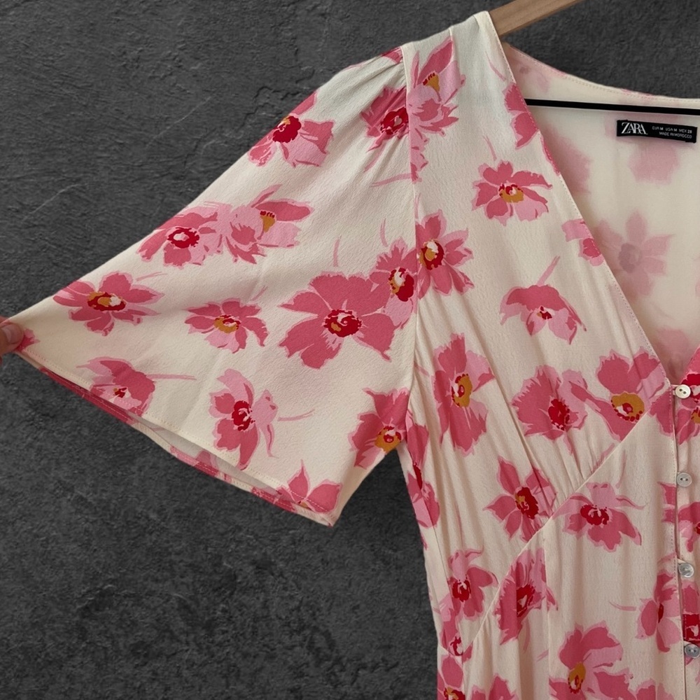 Zara Yellow Pink Floral Button Front Puff Sleeve Midi Dress Size M - Picture 10 of 16